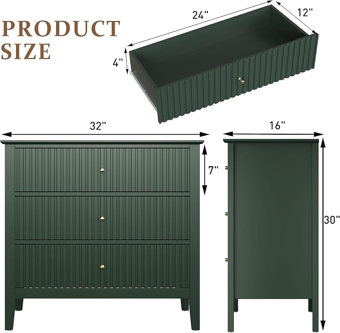 RoyalCraft Large 3 Drawer Dresser Set of 2, Fluted Chest of Drawers - Image 2