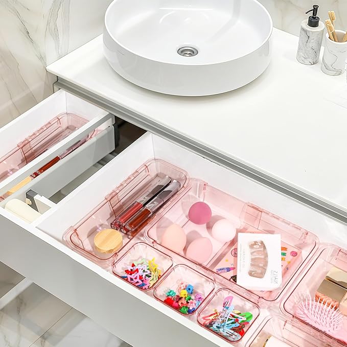 14 Pcs Adjustable Clear Drawer Organizer, Extendable Vanity Storage Bins - Image 5