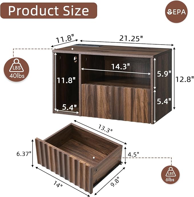 Floating Nightstand with Charging Station, Walnut Fluted Wall Mounted - Image 2
