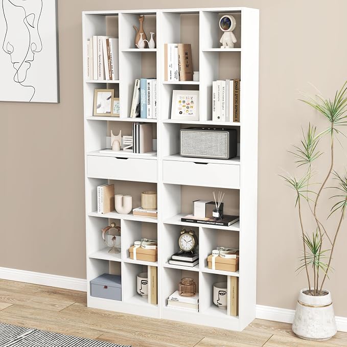 Giantex 71" Bookcase with Drawer Set of 2, Tall Freestanding Bookshelf with 10 - Image 2