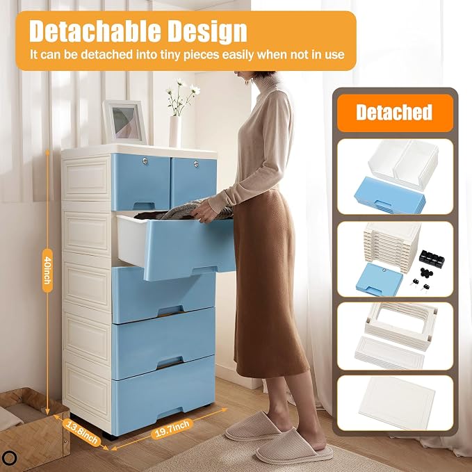 5-Layers Plastic Dresser with 6 Drawers Movable Chest of Drawers Locked Storage - Image 2