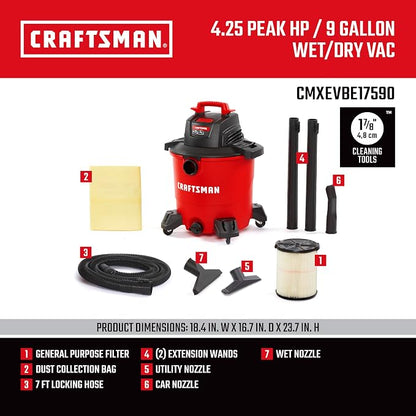 CRAFTSMAN CMXEVBE17590 9 Gallon 4.25 Peak HP Wet Dry Vac, Portable Shop Vacuum - Image 3