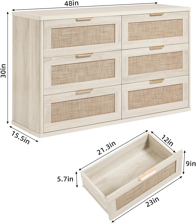 LEYAOYAO Rattan Dresser for Bedroom Set of 2, Boho 48" Wide White Dresser Chest - Image 3