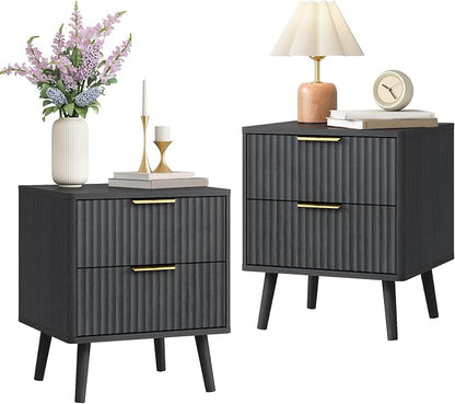 CARPETNAL Fluted Nightstand Set of 2, Wood End Table Mid Century Night Stands by CARPETNAL