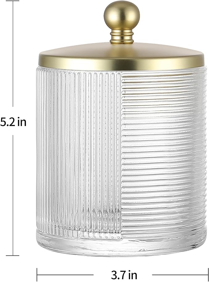 Clear Transparent Apothecary Ribbed Geometric Etched Glass Jar W/Gold Lid Cover - Image 2