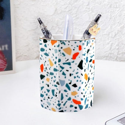 Pen Holder, Makeup Brush Holder Ceramic Shiny Gold Terrazzo Marble Stone - Image 5