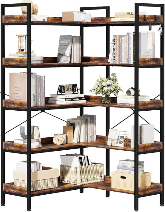 KOUSEI Bookshelf 5-Tier, L-Shaped Reversible Corner Bookshelf, Home Office by KOUSEI