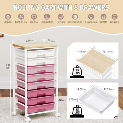Rolling Cart with 8 Drawers, Storage Drawers Cart with Wooden Tabletop and - Image 2
