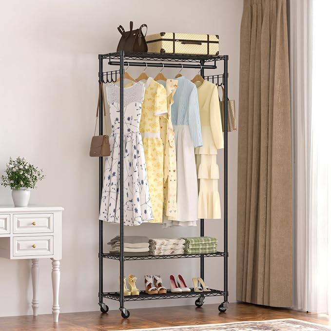 Garment Rack Heavy Duty 3 Tiers Adjustable Freestanding Metal Rolling Clothing - Image 7