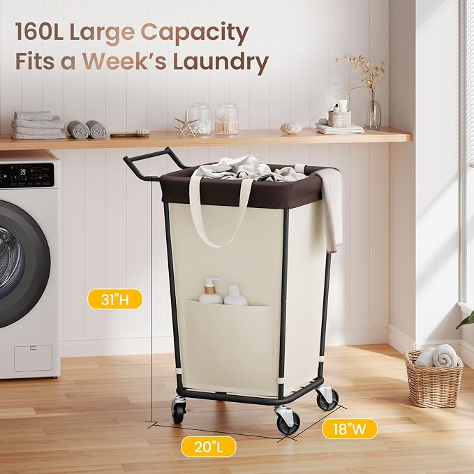 160L Laundry Hamper with Wheels and Handle, 2-Section Rolling Hamper - Image 2