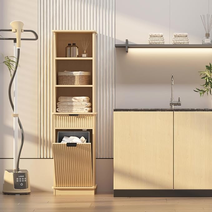 Natural Tilt Out Laundry Hamper Tall Bathroom Storage Cabinet Hidden Laundry - Image 6