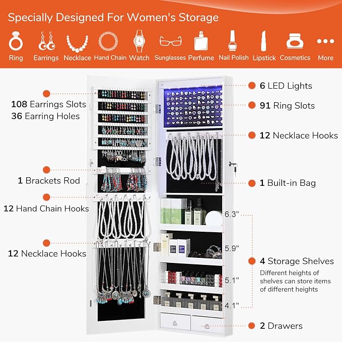 GISSAR Full Length Mirror Jewelry Cabinet, 6 LEDs Jewelry Armoire Wall Mounted - Image 4