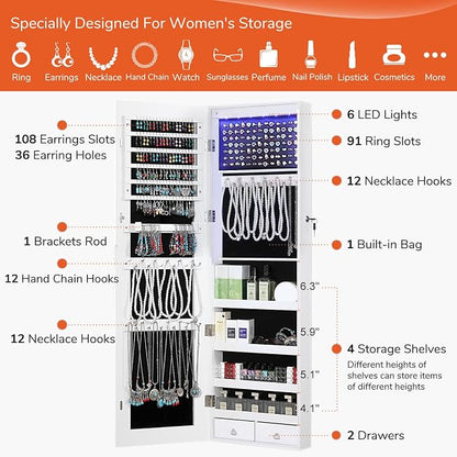 GISSAR Full Length Mirror Jewelry Cabinet, 6 LEDs Jewelry Armoire Wall Mounted - Image 4