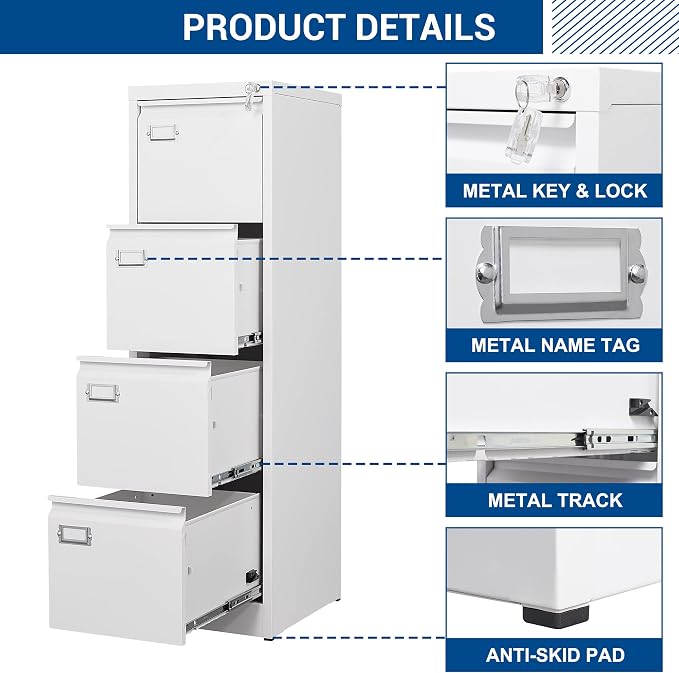 File Cabinets - 4 Drawers Vertical 17.8" Deep Lockable Filing Cabinet - White - Image 9