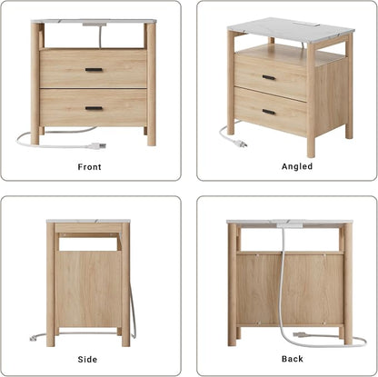Night Stand Set of 2 with Charging Station, 2 Drawers End Table with Solid - Image 7