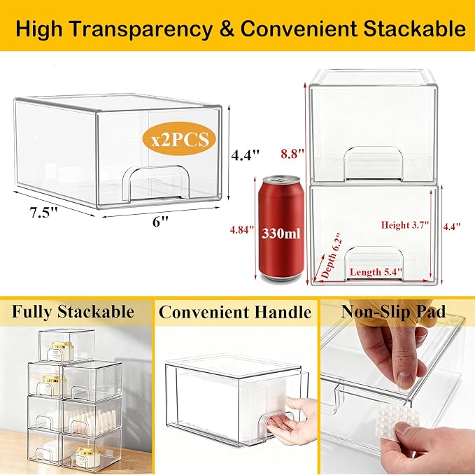 6 Pack Clear Stackable Storage Drawers & Qtip Holder Dispenser - Image 7