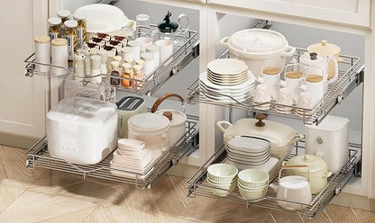 DINDON 2 Tier Pull Out Cabinet Organizer, Double Tier Wire Basket Slide Out - Image 5