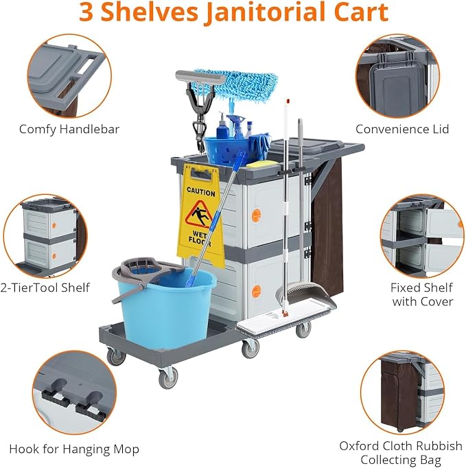 Commercial Janitorial Cleaning Cart: 3 Shelves + 2 Cabinets + Oxford Bag + Cover - Image 5