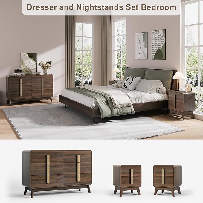 Mid Century Modern Bedroom Set, 6 Drawer Dresser and Nightstand Sets - Image 5