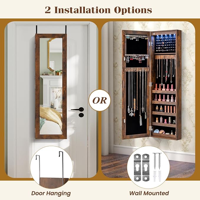 5 LEDs Mirrored Jewelry Cabinet Wall Mounted or Door Hanging, 42” Jewelry Box - Image 6