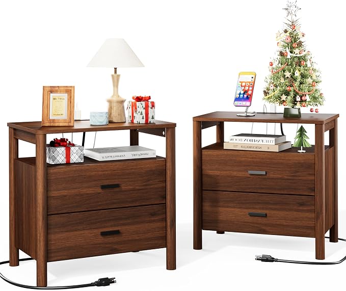 Night Stand Set of 2 with Charging Station, 2 Drawers End Table with Open Shelf by FavourLife