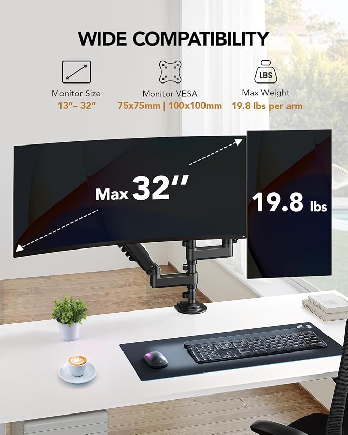 HUANUO Dual Monitor Arm for 13-32 inch Screens, Holds 19.8lb, Adjustable - Image 2
