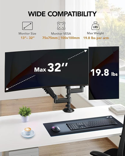 HUANUO Dual Monitor Arm for 13-32 inch Screens, Holds 19.8lb, Adjustable - Image 2