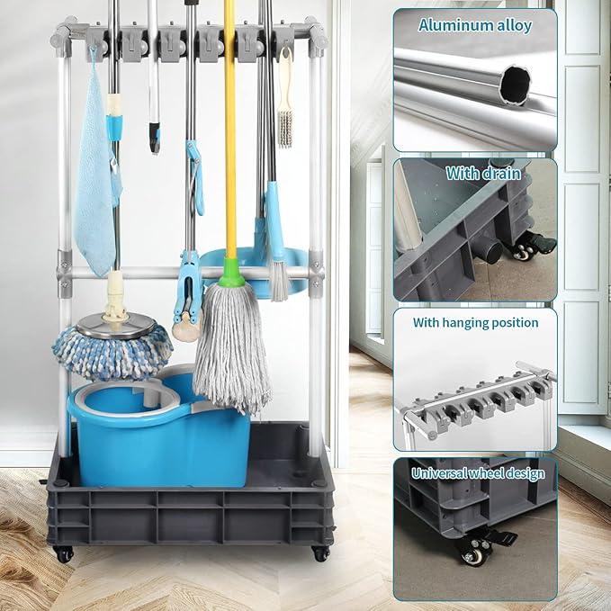 Broom And Mop Holder Put Wet Mops Movable Floor-Mounted Mop Rack Floor Standing - Image 2