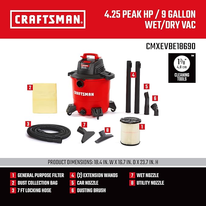 CRAFTSMAN CMXEVBE18690 9 Gallon 4.25 Peak HP Wet Dry Vac, Portable Shop Vacuum - Image 3