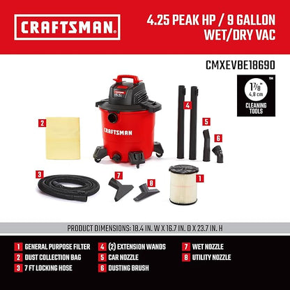 CRAFTSMAN CMXEVBE18690 9 Gallon 4.25 Peak HP Wet Dry Vac, Portable Shop Vacuum - Image 3