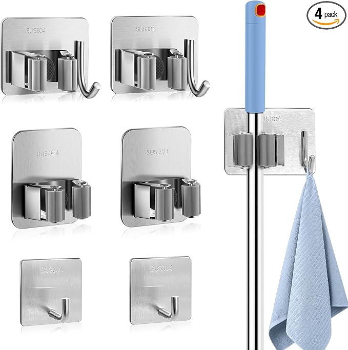 Daily Treasures 6 Pcs Stainless Steel Broom Holder Wall Mount Self Adhesive by DailyTreasures