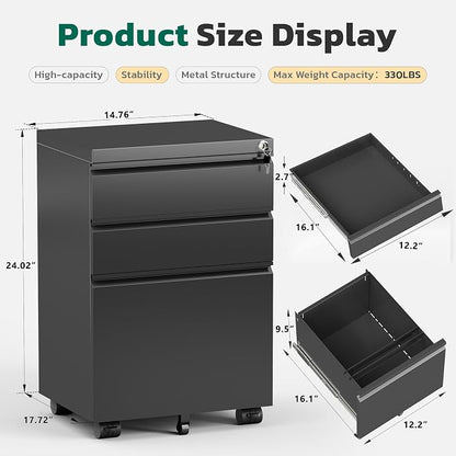 Greenvelly 3 Drawer Mobile File Cabinet - Image 3