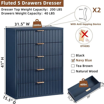 Fluted 5 Drawers Dresser for Bedroom, Living Room - Image 2
