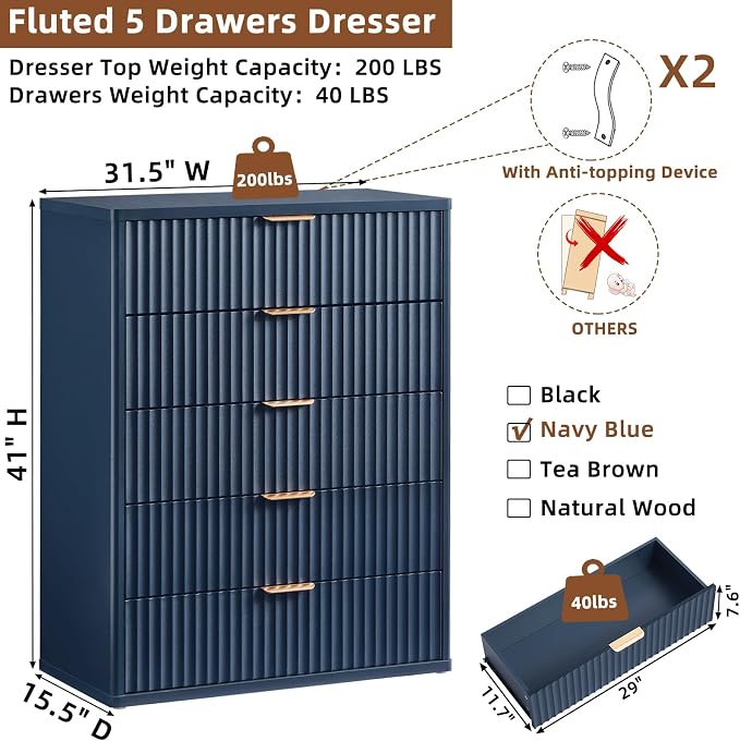 LEYAOYAO Fluted 5 Drawers Dresser - Image 2