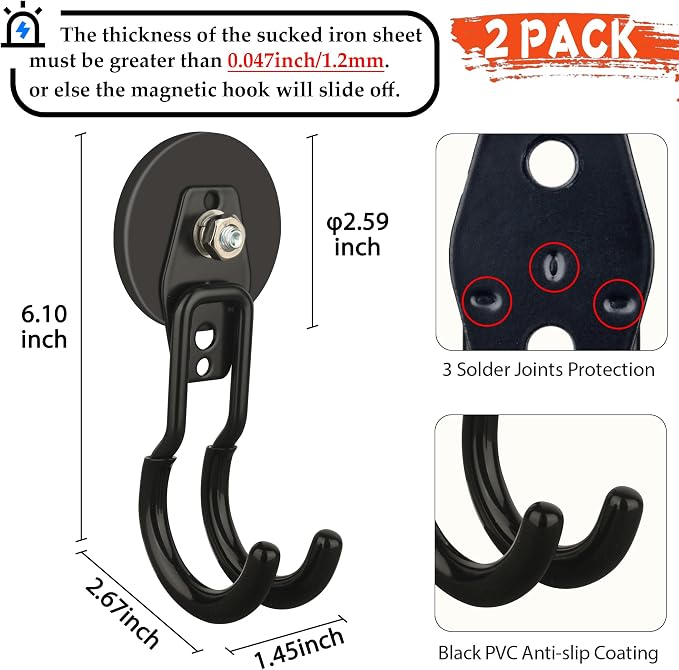 ULIBERMAGNET New Upgraded Garage Magnetic Hooks, 2 Pack Black Heavy Duty Large - Image 2
