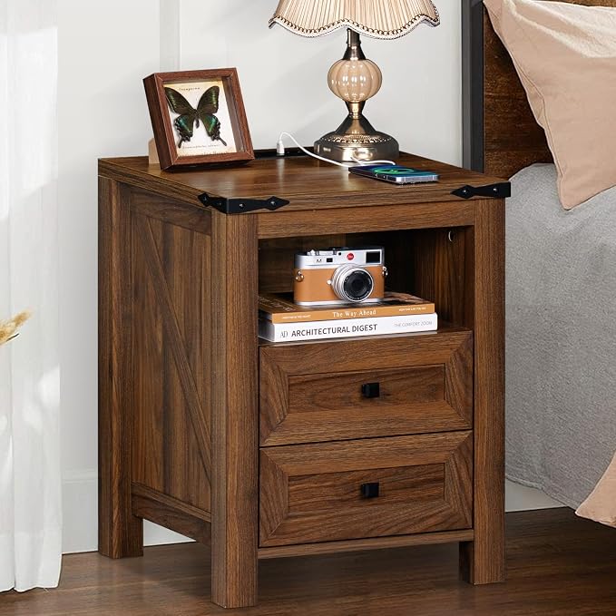 Nightstands Set of 2 with Charging Station, Farmhouse Side End Table with 2 - Image 7