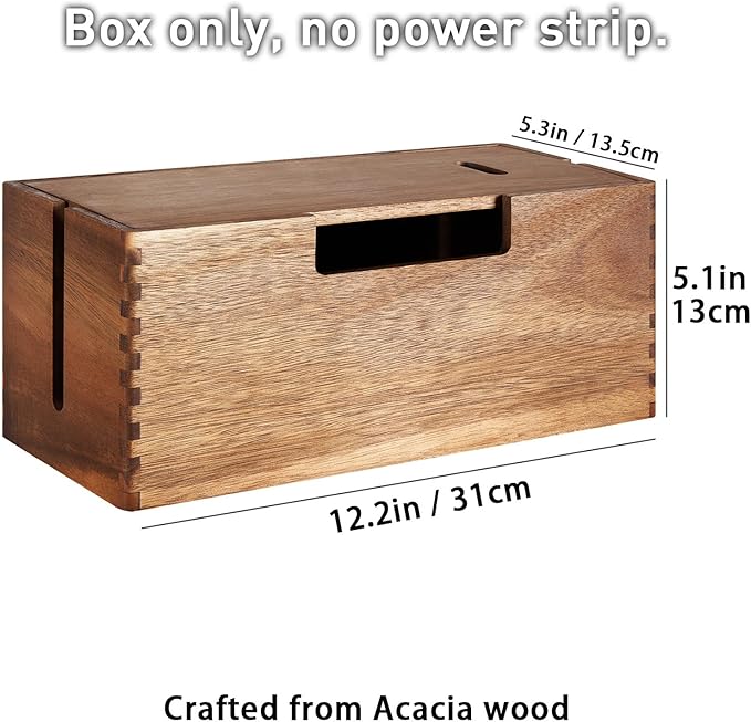Acacia Wood Cable Management Box, Wooden Cord Hider & Organizer - Image 2