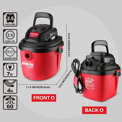 Shop-Vac 2.5 Gallon 2.5 Peak HP Wet/Dry Vacuum, Portable Compact Shop Vacuum - Image 5