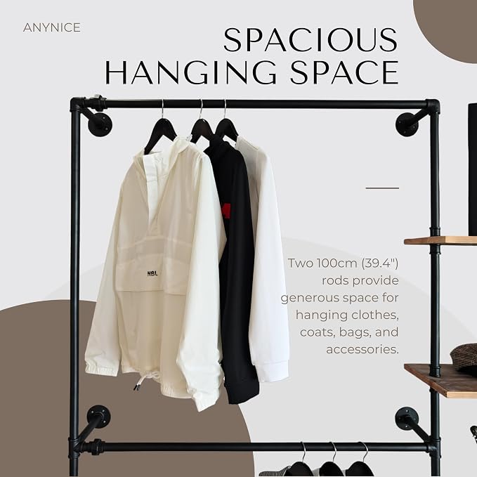 Industrial Pipe Clothing Rack, Wall Mounted Garment Black Wall Hanging Clothing - Image 4