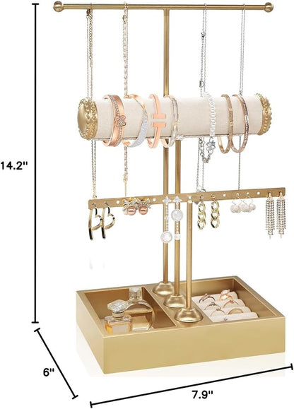 Jewelry Organizer Stand Necklace Organizer Earring Holder, 3-Tier Gold Jewelry - Image 8