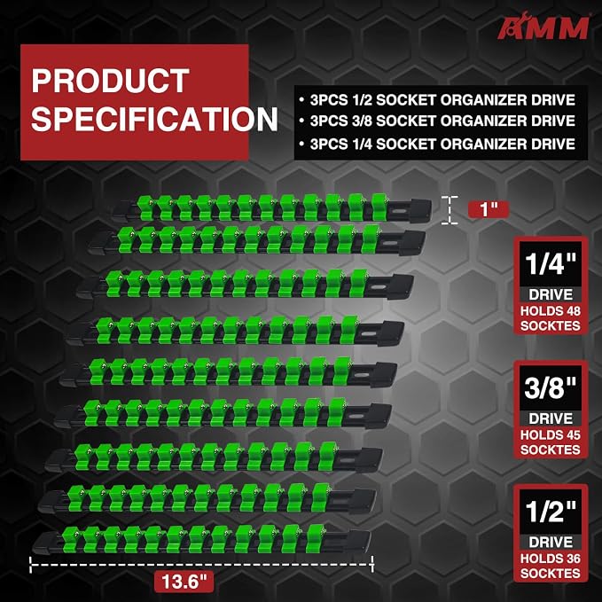 AMM 9-Piece Socket Organizer, 1/2 inch, 3/8 inch and 1/4 inch Drive ABS - Image 2