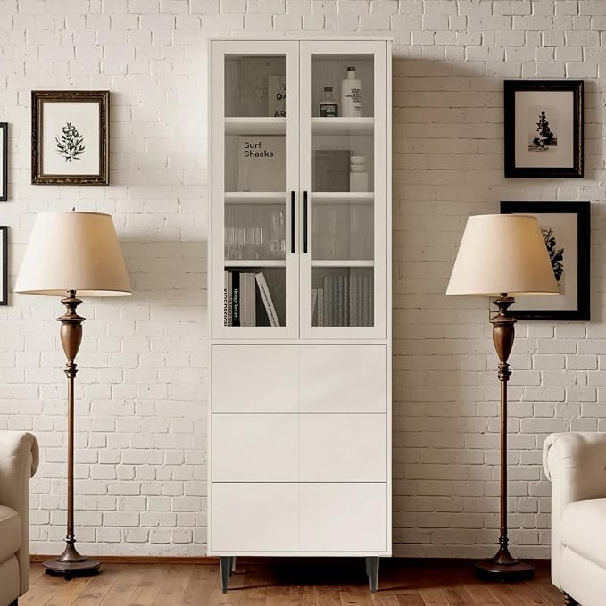 TUSY 70.9“ H Book Shelf with Drawers, 7-Tier Bookcase with Glass Doors by TUSY