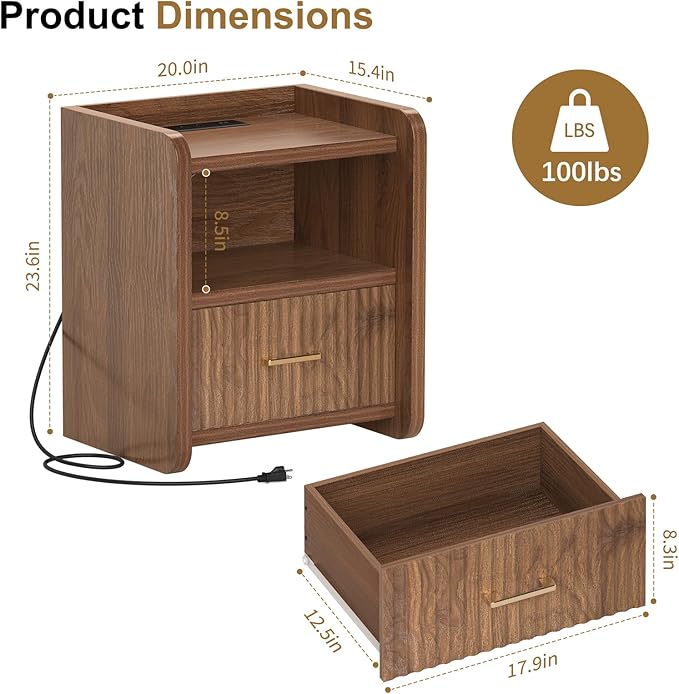 Night Stand with Charger Station, Fluted Wood Nightstand with Drawer Storage - Image 2