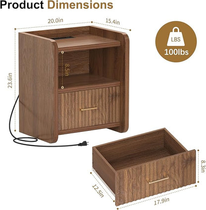 Night Stand with Charger Station, Fluted Wood Nightstand with Drawer Storage - Image 2