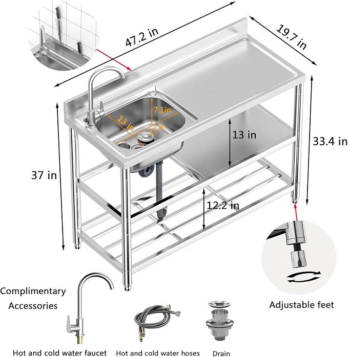 Free Standing Stainless-Steel Single Bowl Commercial Restaurant Kitchen Sink - Image 2