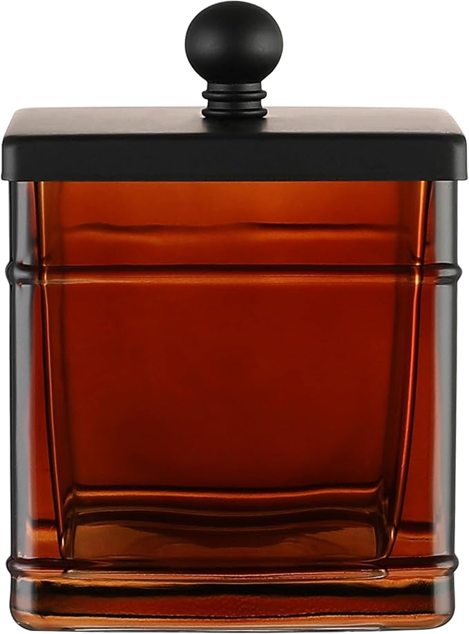 Amber Glass Cotton Jar Holder – Black Lid Elegant Bathroom Storage Canister by IndecorHome