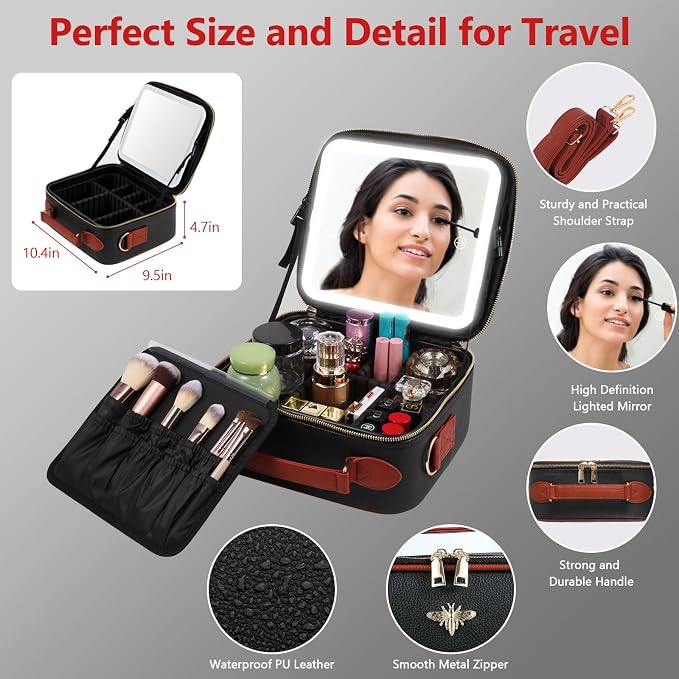 Travel Makeup Bag with Mirror of LED Lighted, Rechargeable Cosmetic Train Case - Image 5