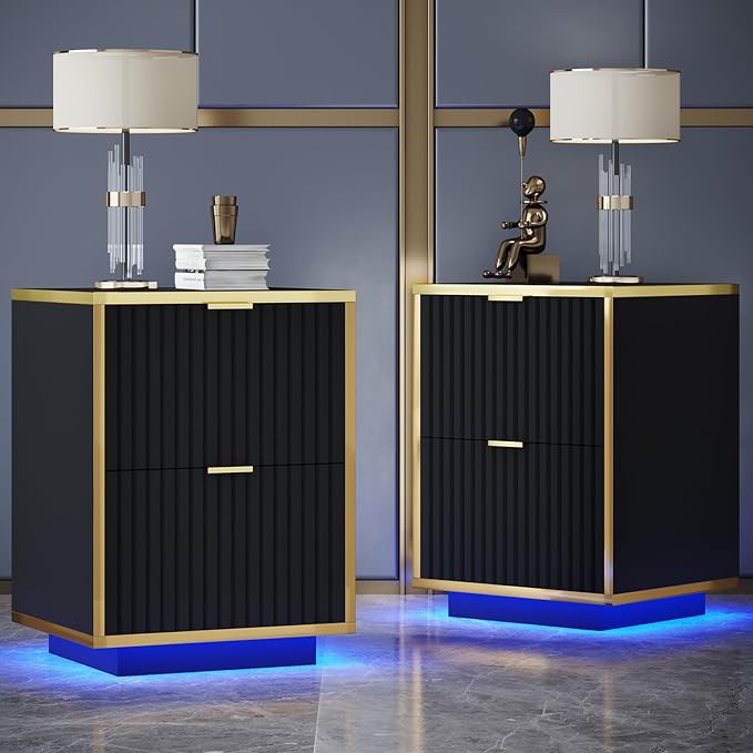 Black Nightstand Set of 2, Fluted End Table by 4ever2buy