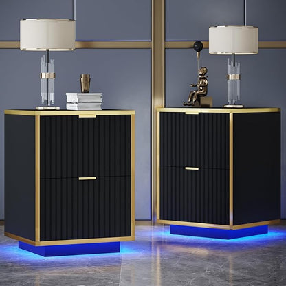 Black Nightstand Set of 2, Fluted End Table by 4ever2buy