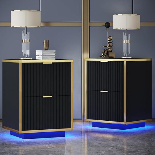 Black Nightstand Set of 2, Fluted End Table by 4ever2buy